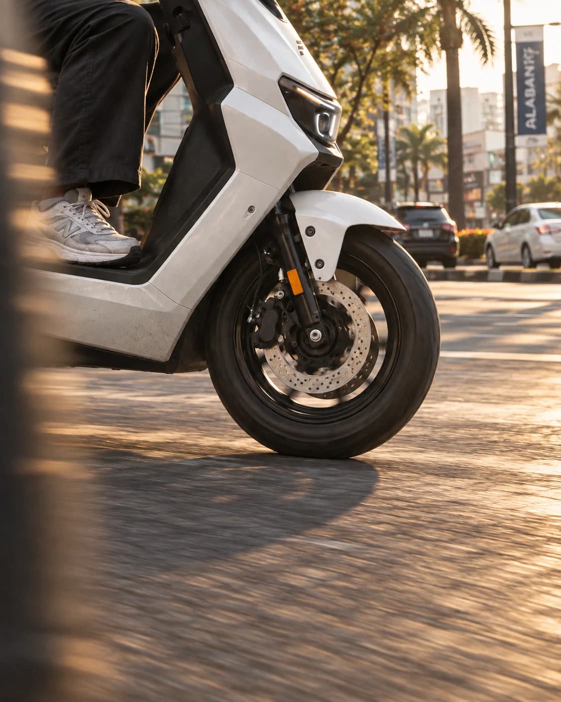 Freestone front wheel and disc brake photographed in motion on an Alabang street